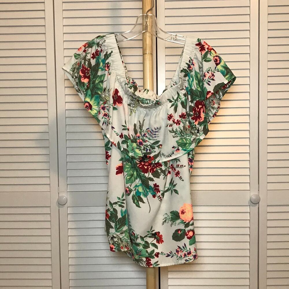 Coverstitched Floral Ruffle Off the Shoulder Blouse L